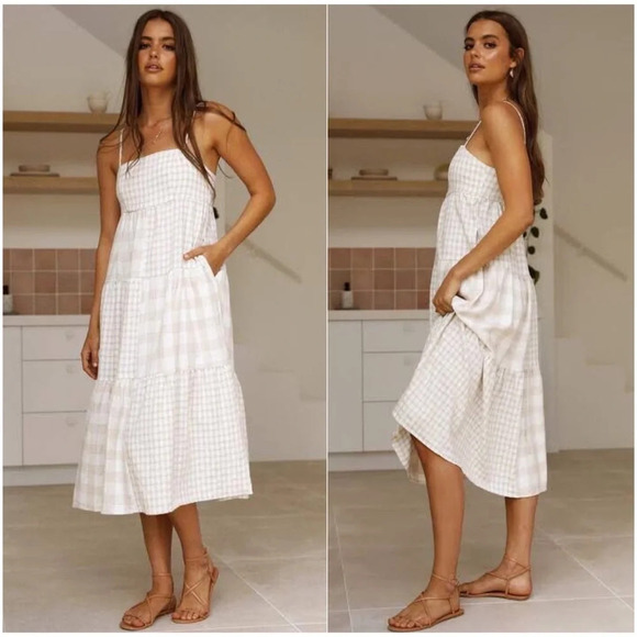 Billy J Teona Linen Midi Dress in Beige Check - Picture 1 of 13
